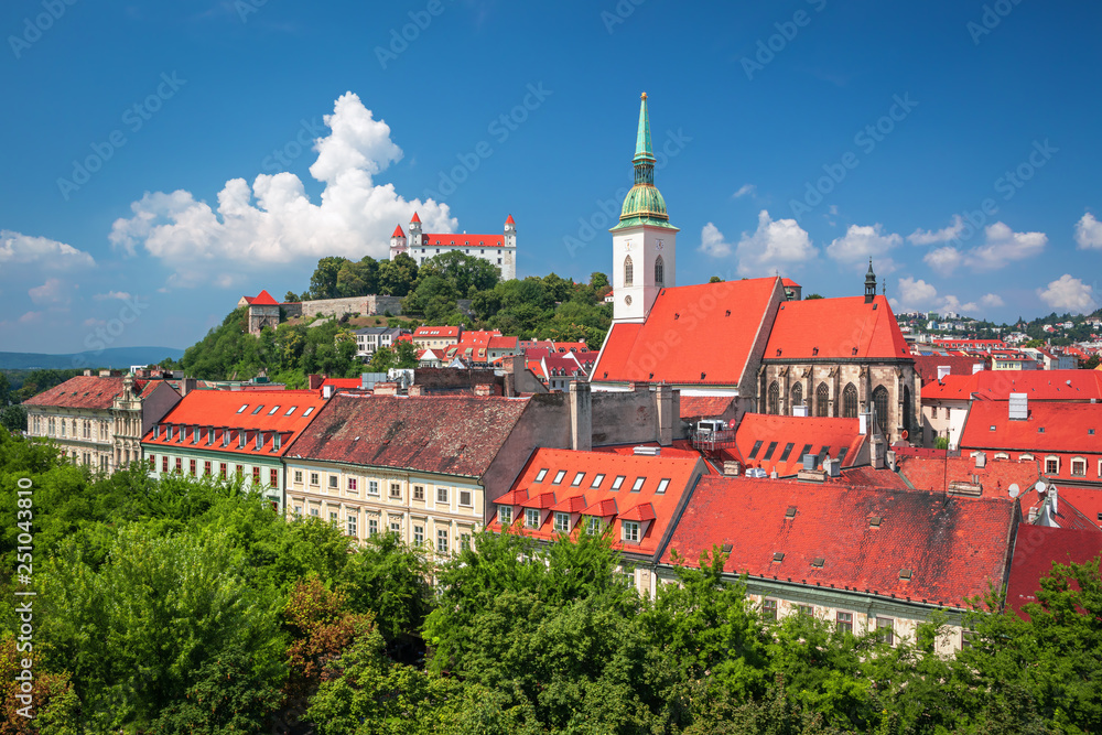 Bratislava castle, saint Martins cathedral and the old town rooftop view in Bratislava city center, 