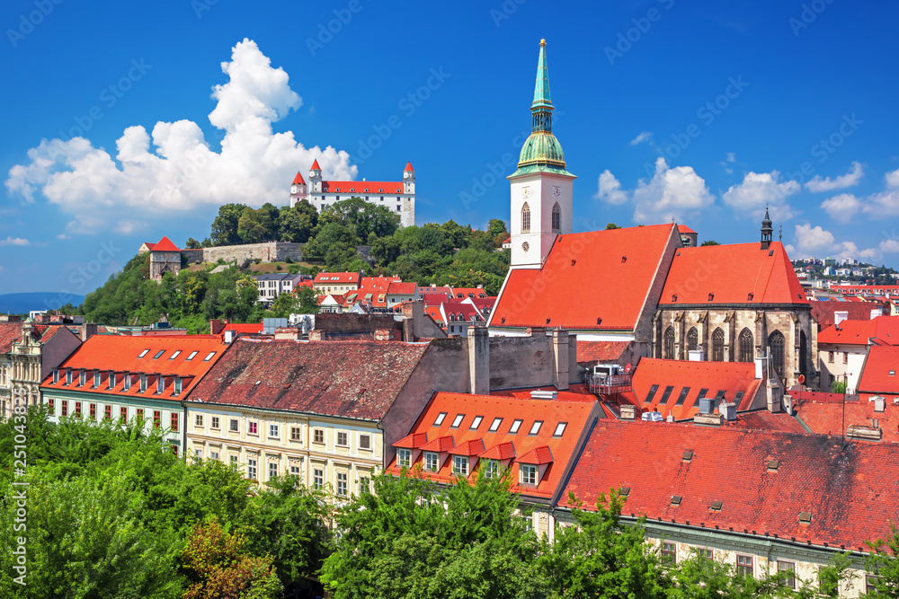 Bratislava castle, saint Martins cathedral and the old town rooftop view in Bratislava city center, 