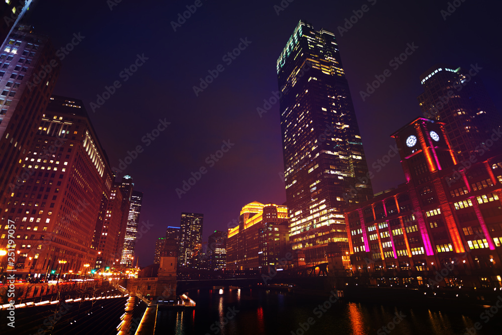 Loop business district at night, Chicago, USA