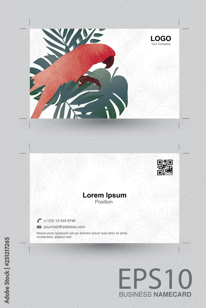 Macaw bird and tropical green leaf namecard pattern background.