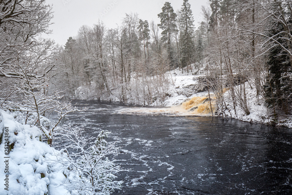 Wild Morrum river in snowy winter, Sweden