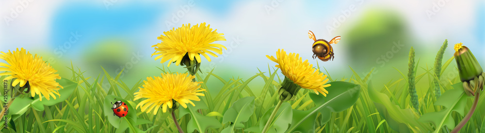 Spring landscape. Green grass and yellow dandelions. 3d vector horizontal panorama