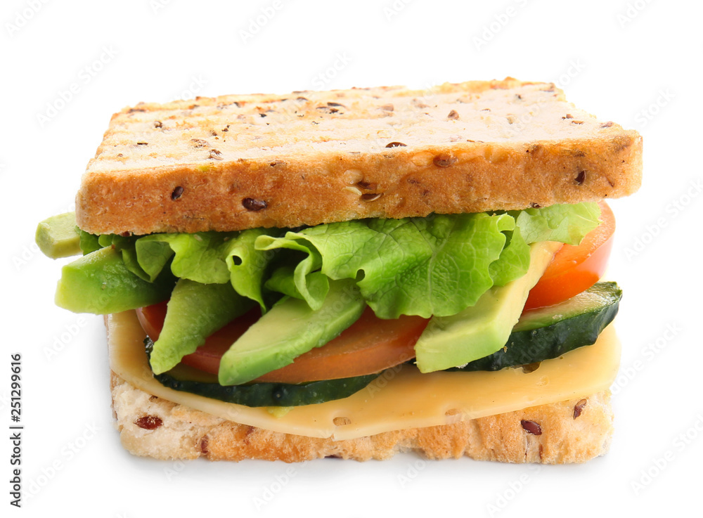 Tasty sandwich with avocado, vegetables and cheese on white background