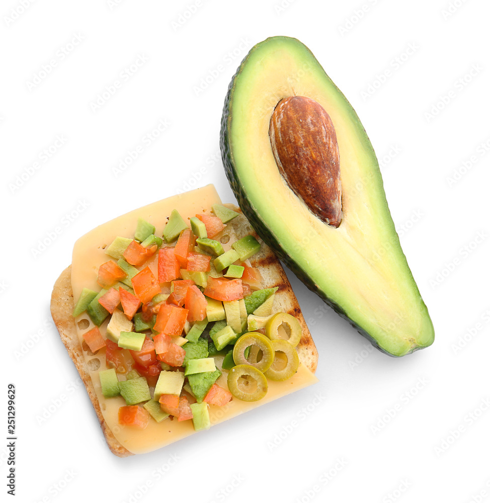 Tasty sandwich with avocado, vegetables and cheese on white background