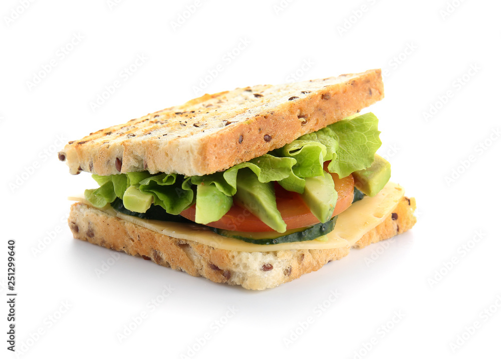 Tasty sandwich with avocado, vegetables and cheese on white background