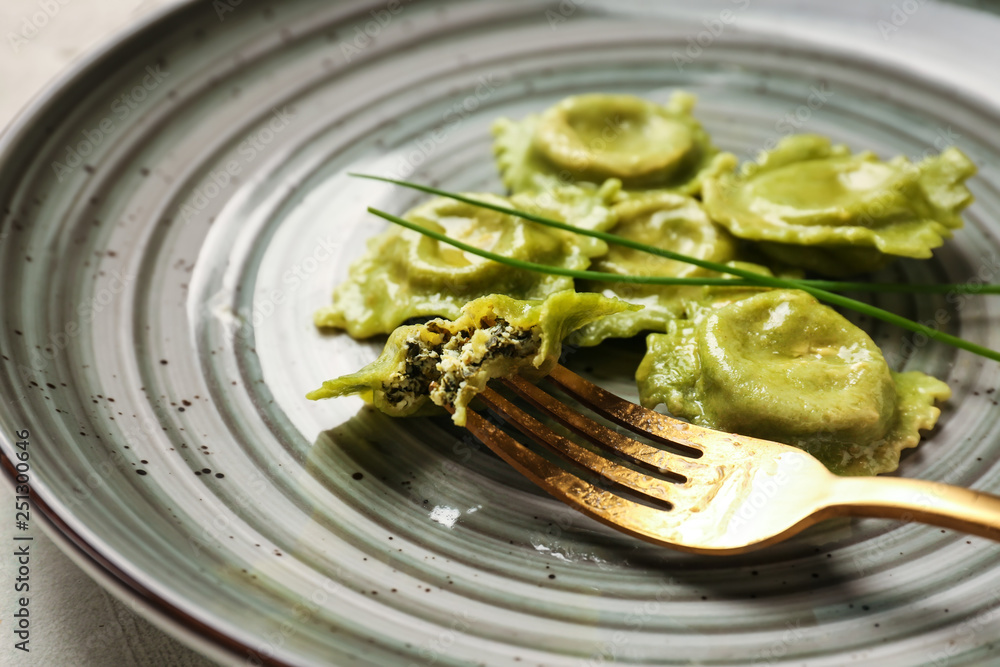 Tasty ravioli on plate, closeup