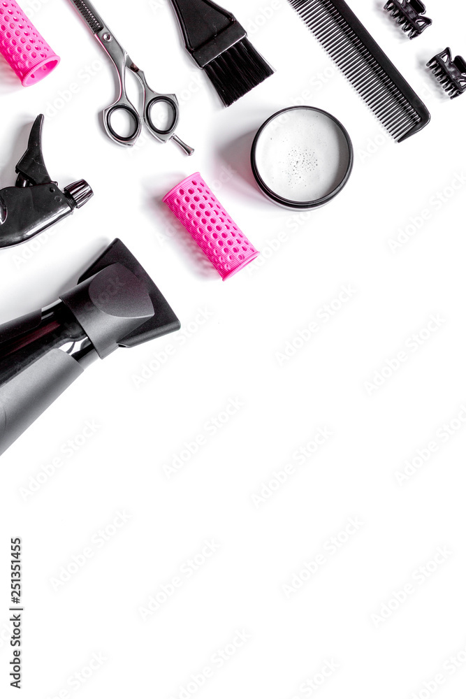 preparations for styling hair on white background top view