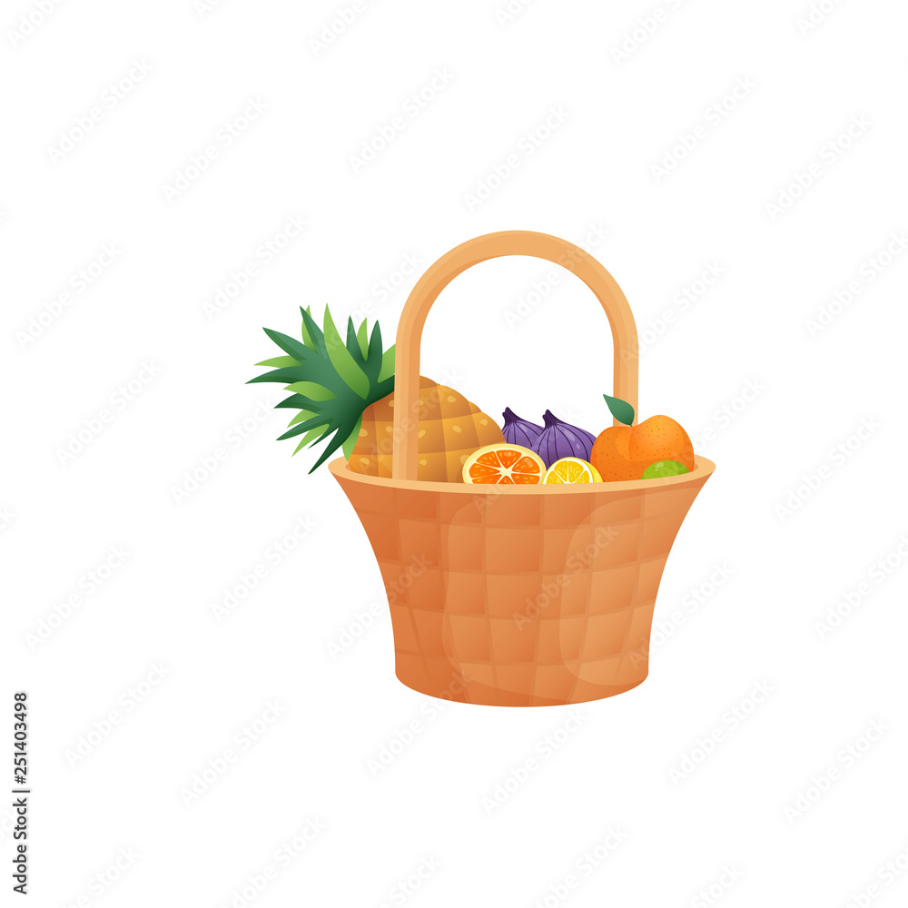 Colorful fruit in wicker basket with handle isolated over white background