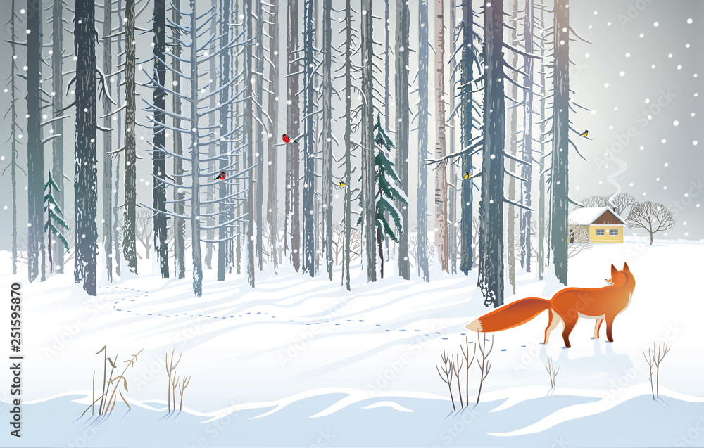 Winter forest landscape with a hungry fox looking out of the woods towards a man’s dwelling. Raster 