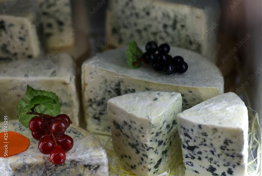 Tasty cheese on counter in store