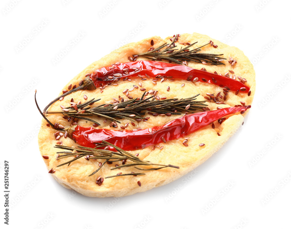 Tasty Italian focaccia on white background