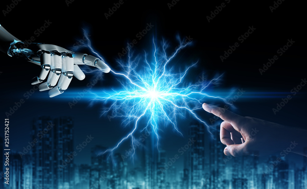 Robot hand creating electricity with human hand 3D rendering