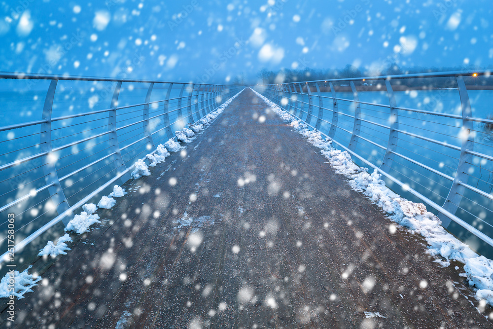 瑞典南部降雪的索尔维斯堡桥人行天桥