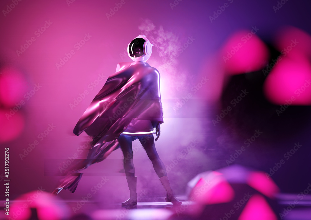 A futuristic female space astronaut wearing a space helmet. Conceptual people 3D illustration.