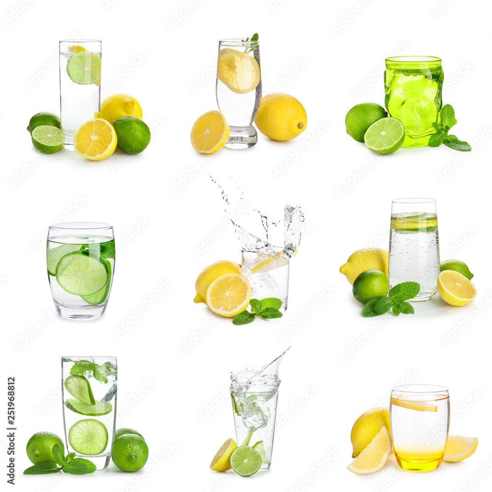 Glasses of infused water with citrus fruits on white background