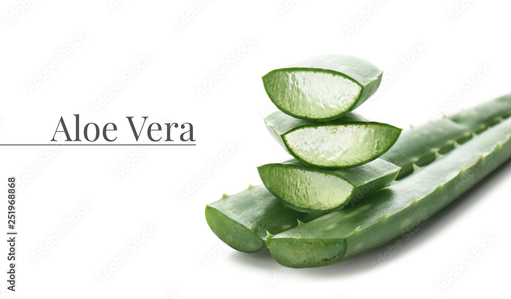 Aloe vera leaves with slices on white background