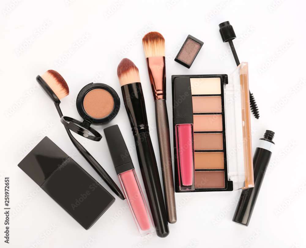 Set of cosmetics and accessories on white background