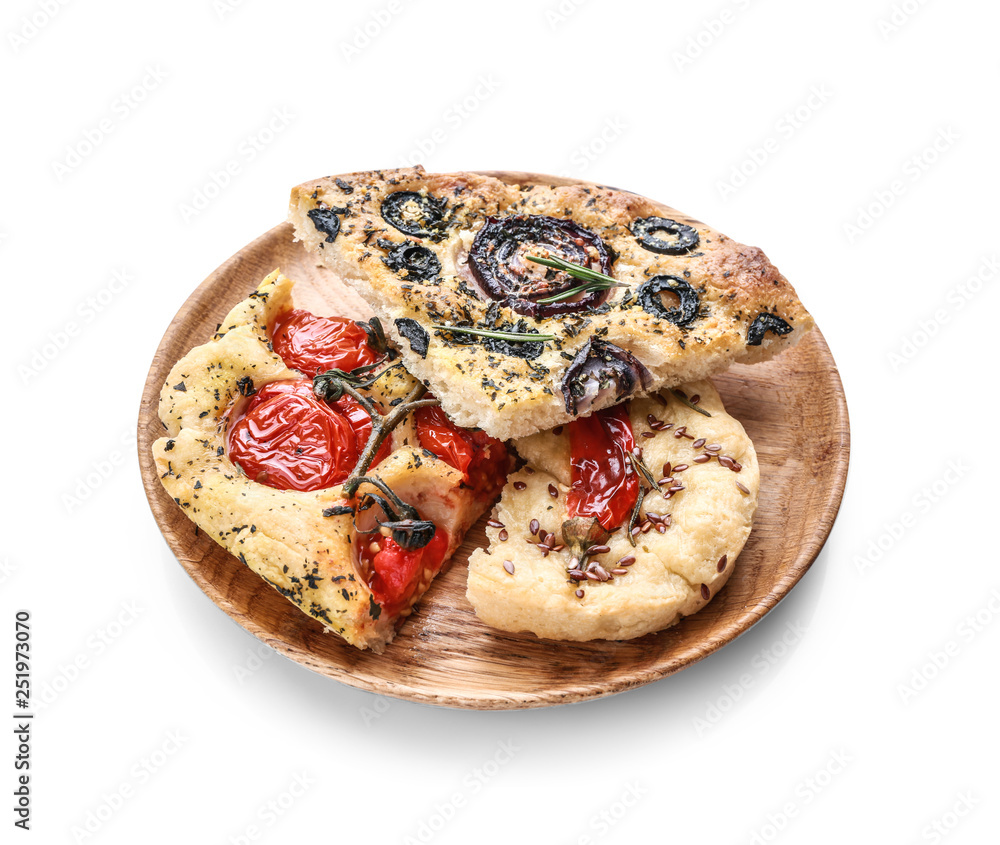 Plate with tasty Italian focaccia on white background