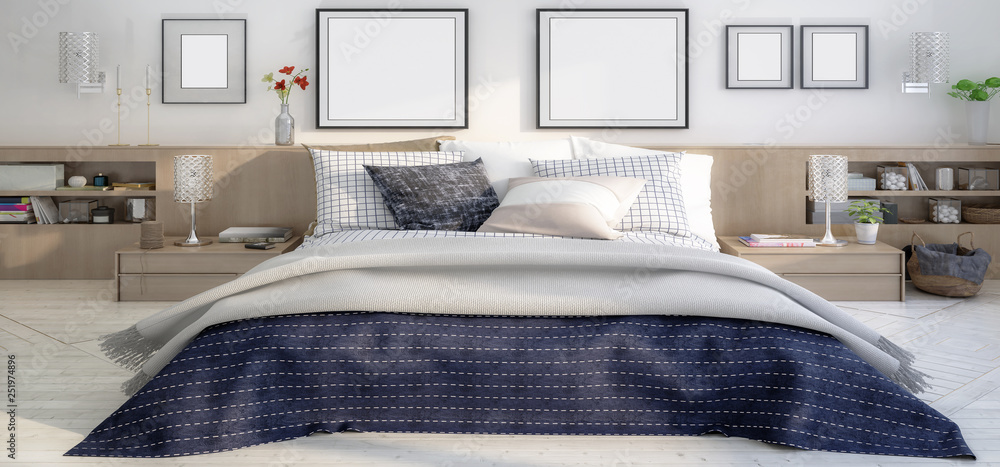 Cute bedroom interior with template frames (panoramic) - 3d illustration