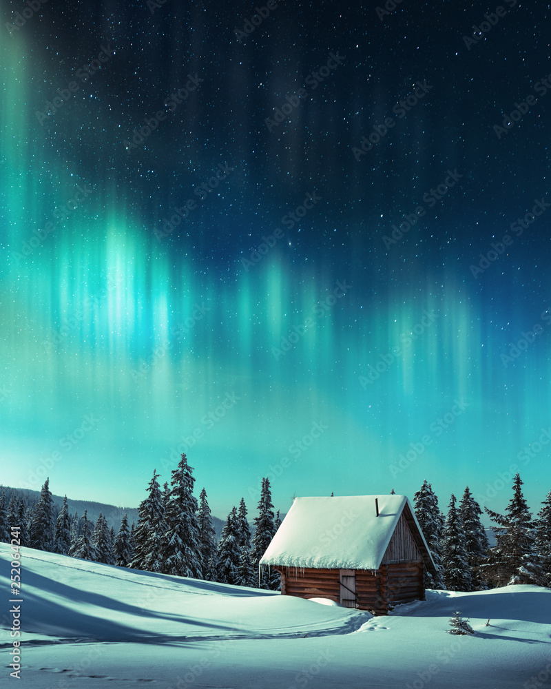 Fantastic winter landscape with wooden house in snowy mountains and northen light in night sky