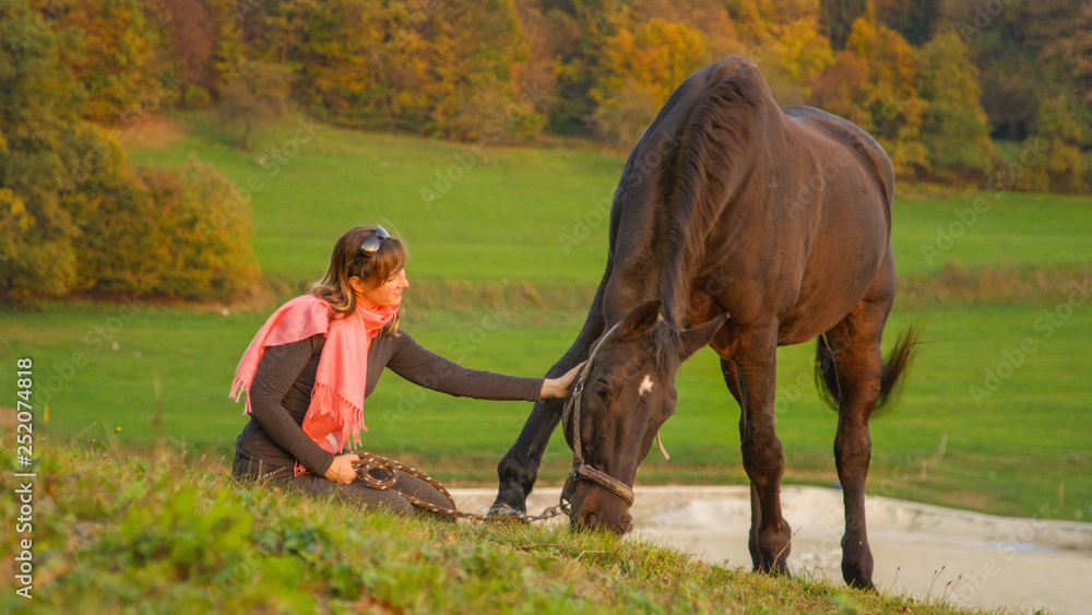 Loving young woman pets her beautiful stallion grazing in a tranquil pasture