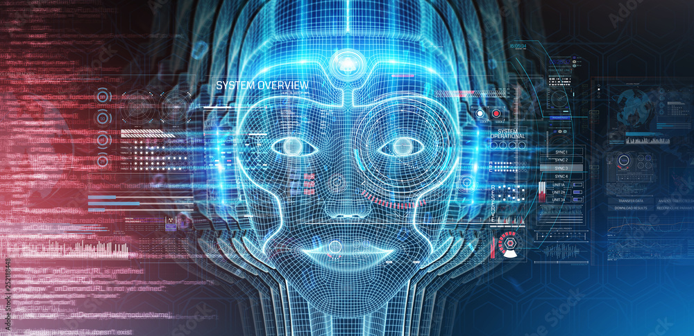 Robotic woman cyborg face representing artificial intelligence 3D rendering