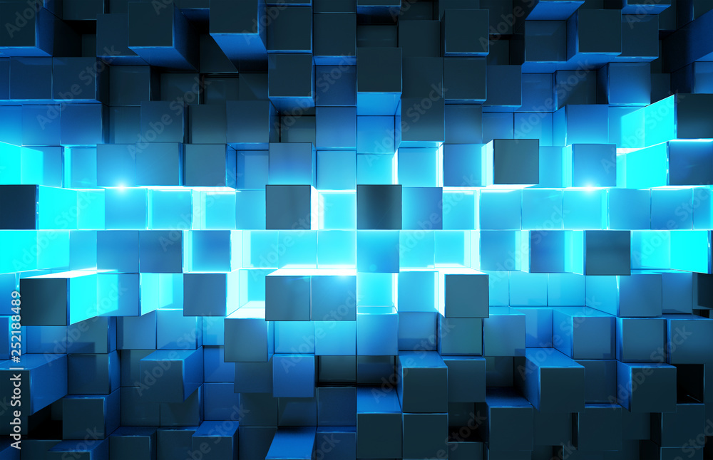 Glowing black and blue squares background pattern 3D rendering