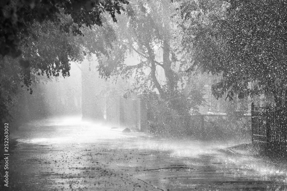 Torrential rain and sunlight on the street.