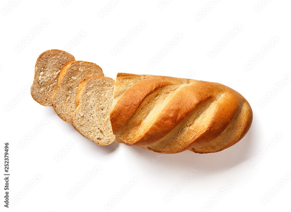 White sliced bread. Loaf isolated on white background. Top view.