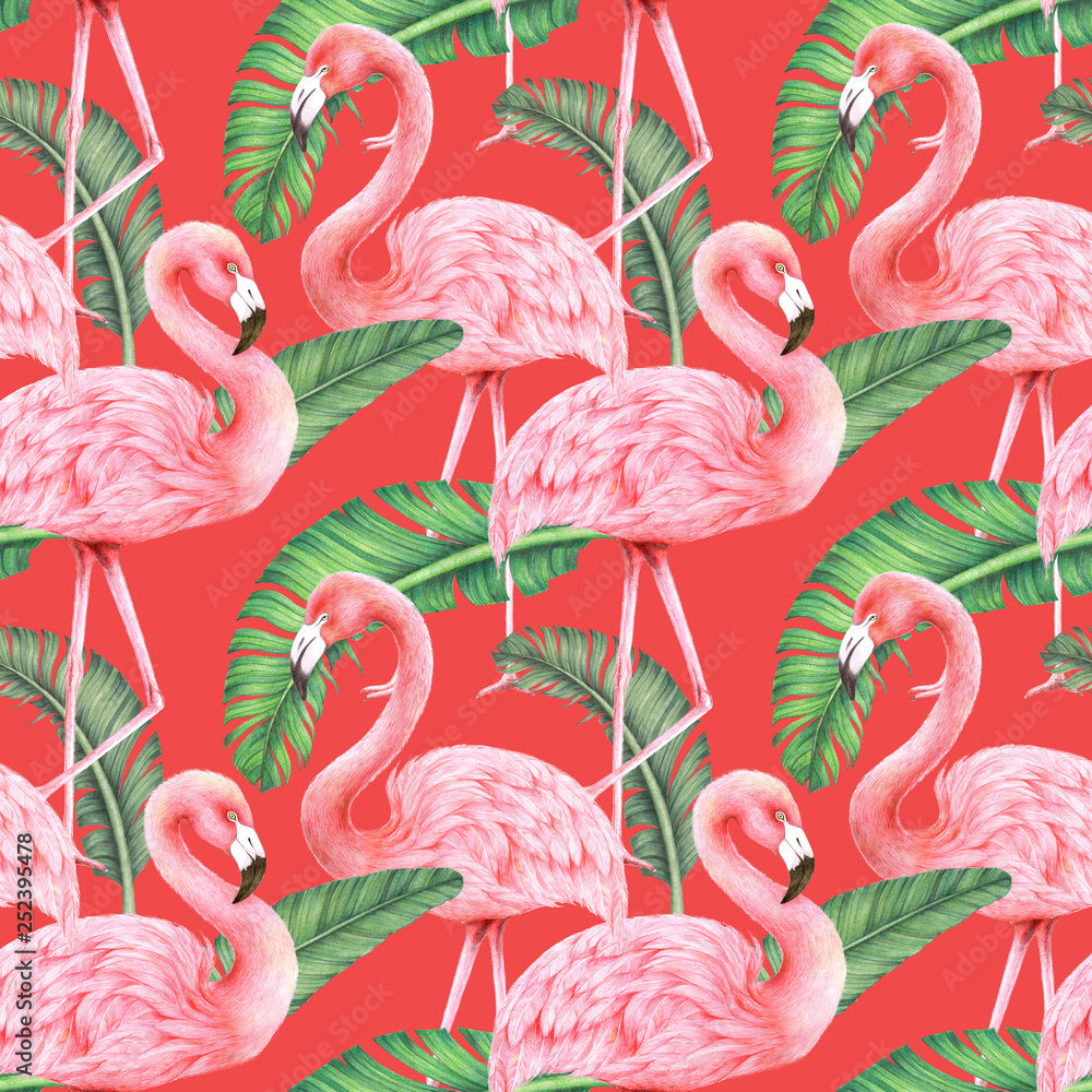 jungle palm leaf and flamingo seamless pattern,colored pencil drawing techniques,illustration