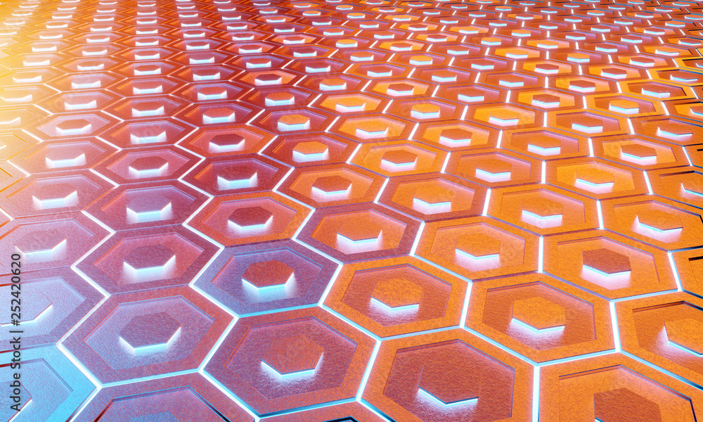 Glowing black blue and orange hexagons background pattern on silver metal surface 3D rendering