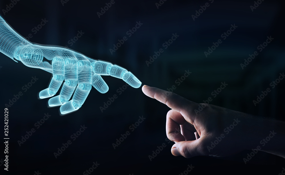 Wireframed Robot hand making contact with human hand on dark 3D rendering