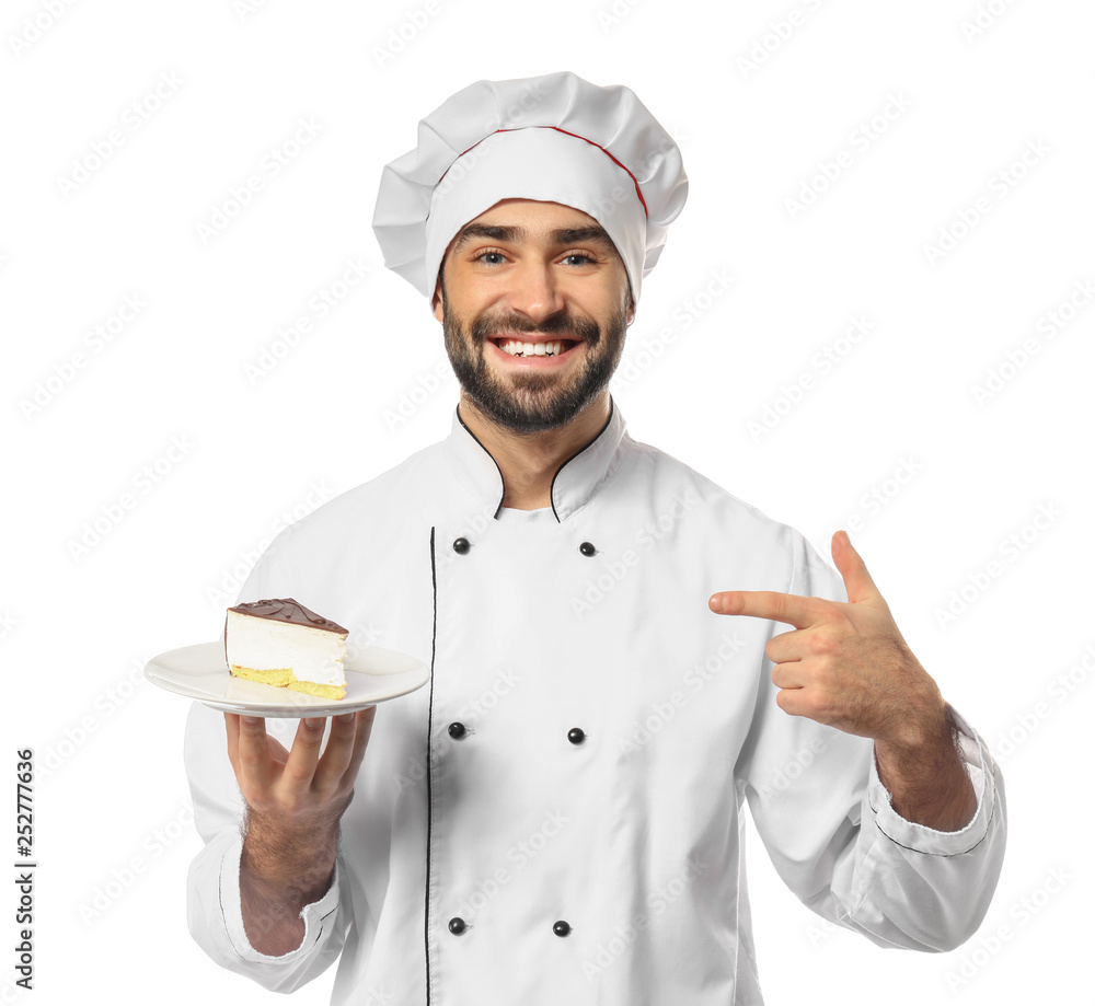 Male confectioner with tasty dessert on white background