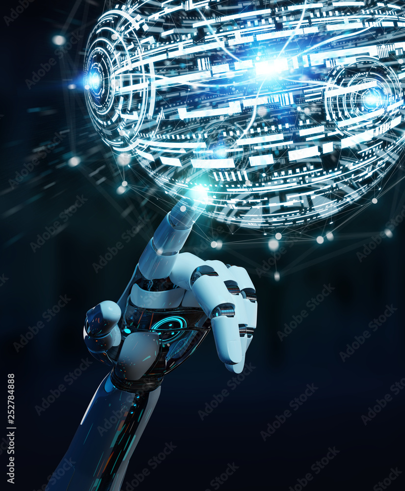 White robot hand using digital globe hud interface 3D rendering