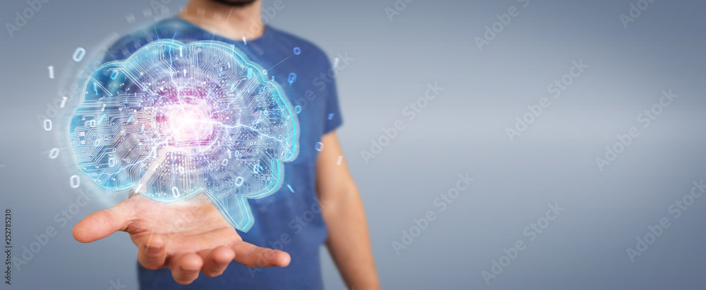 Businessman creating artificial intelligence in a digital brain 3D rendering