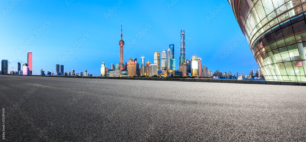 Empty asphalt road through Shanghai business district