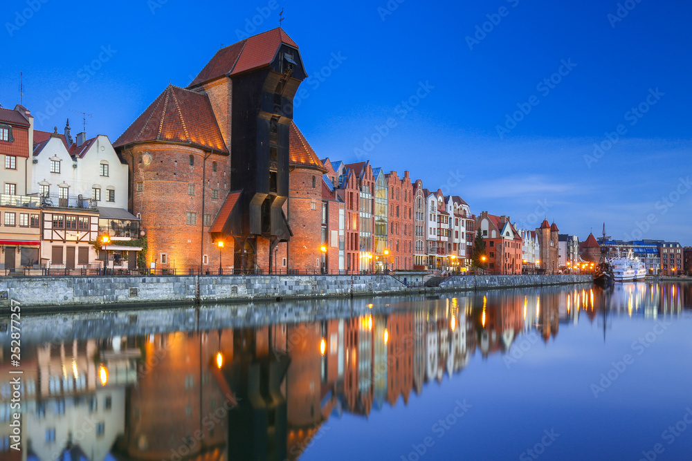 Beautiful old town of Gdansk with historic Crane at Motlawa river, Poland