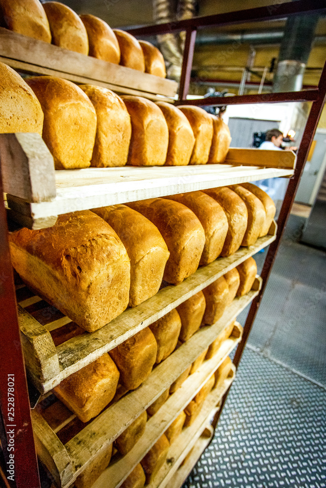 Bread stacked on the shelves at new bright factory