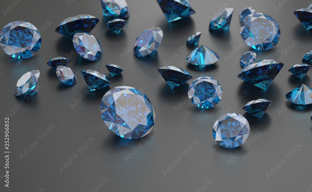 Blue diamonds placed on black background, 3D illustration.