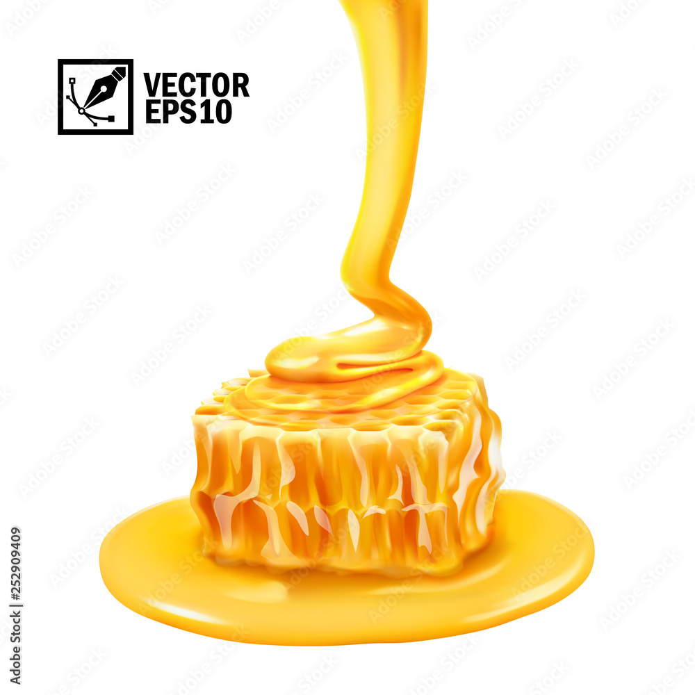 3d realistic vector isolated liquid honey flows on honeycomb slice in honey puddle