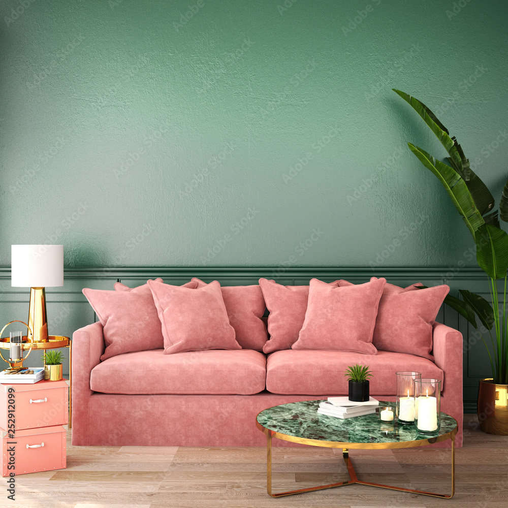 interior design for living area or reception with classic wall background ,living coral pantone / 3d