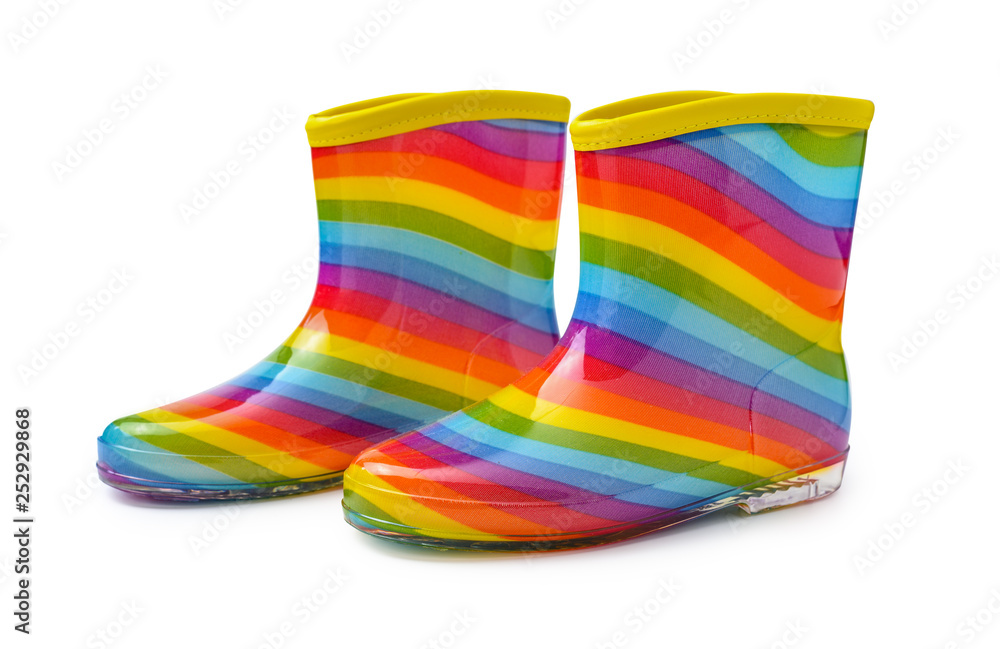 rainbow rubber boots isolated on white  background with clipping path.