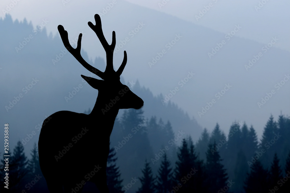 Deer silhouette on mountains background