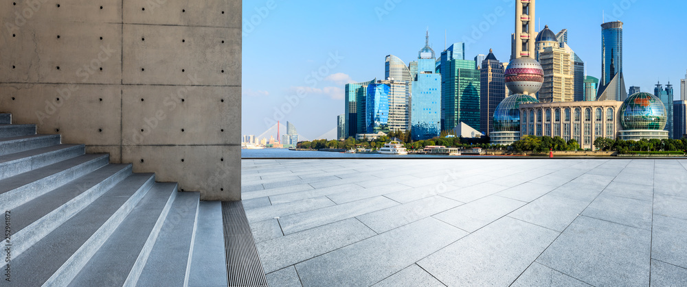 Shanghai Lujiazui financial district city scenery and empty square ground