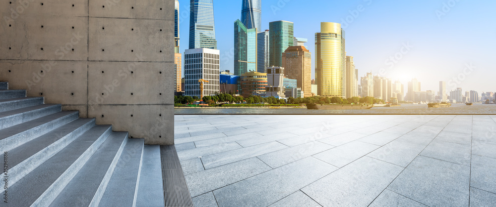 Shanghai Lujiazui financial district city scenery and empty square ground