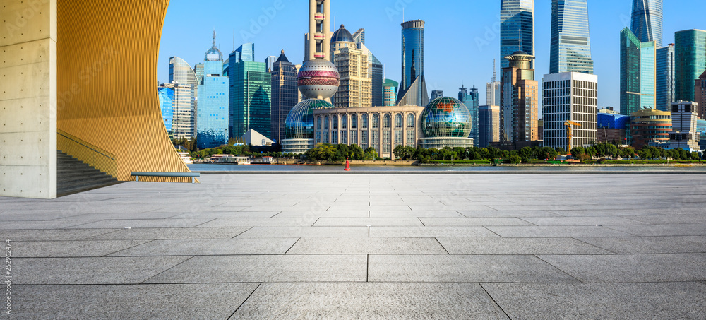 Shanghai Lujiazui financial district city scenery and empty square ground