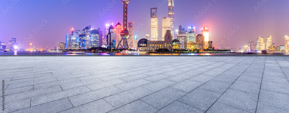 Shanghai Lujiazui financial district city scenery and empty square ground