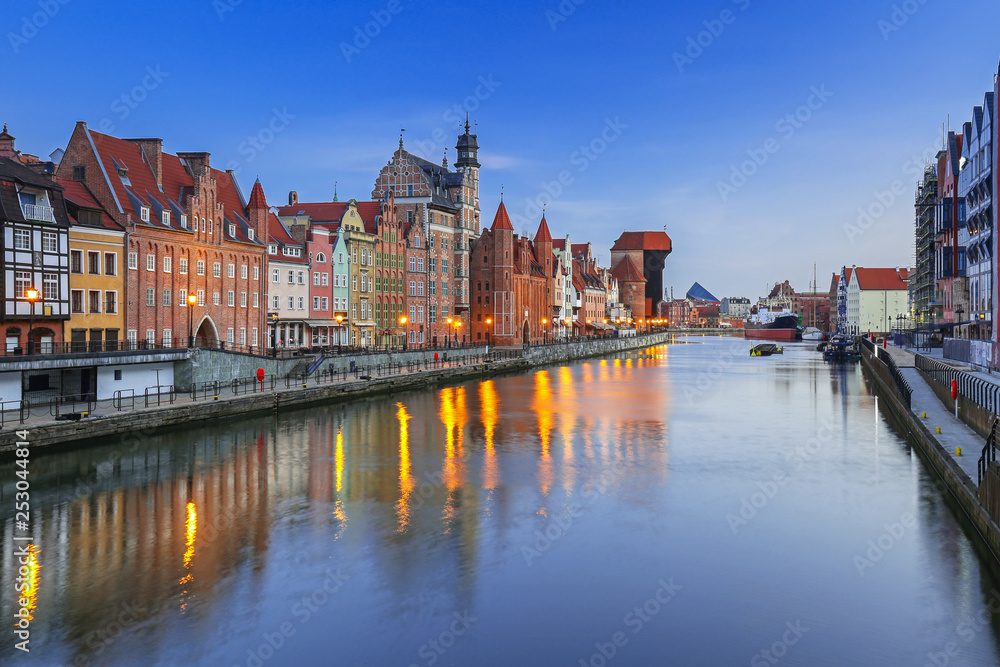 Beautiful old town of Gdansk with historic Crane at Motlawa river, Poland