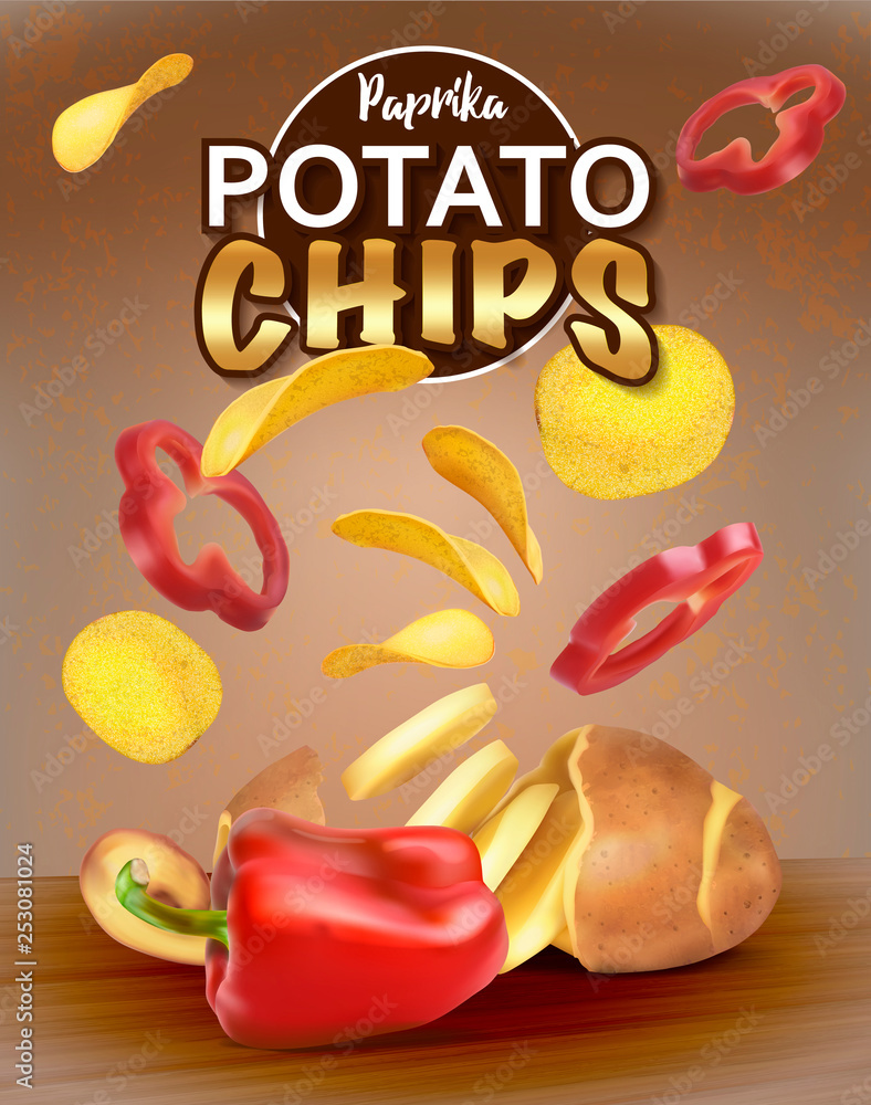 Chips with paprika. Cut potatoes. Packaging design for chips. Vector realistic illustration.