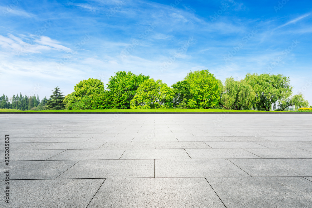 Empty square floor and green forest in summer season